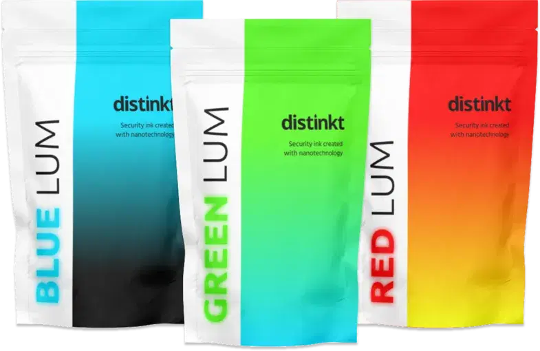 Distinkt LUM product bags - Blue, Green, and Red